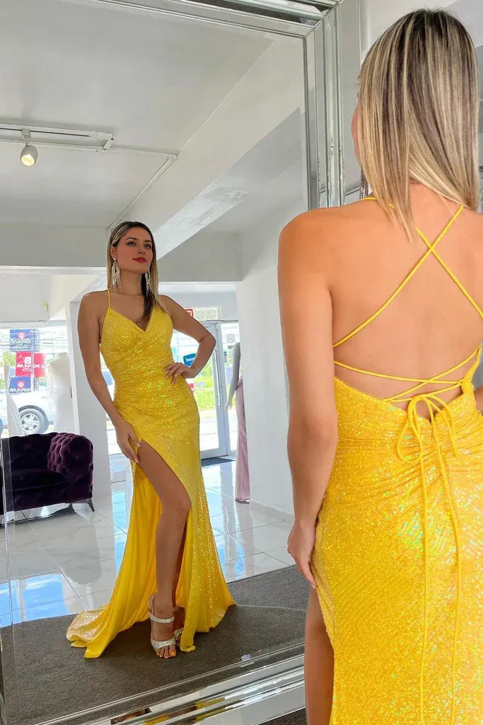Sheath Mermaid Yellow Glitter Sparking Sequins Sweep/Brush Train Dresses Spaghetti Straps V Neck Long Prom Dress with Slit