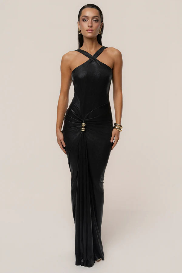 Sultry Black Metallic Halter Maxi Dress with Ruched Waist Detail, Evening Dresses