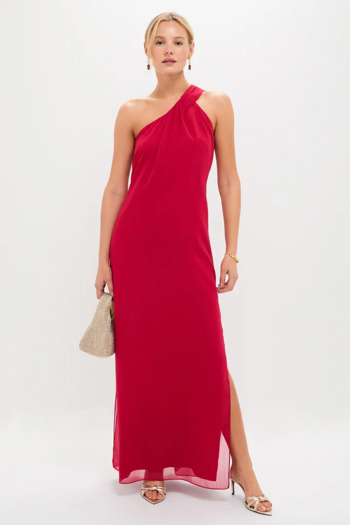 Sultry Red One-Shoulder Maxi Dress with Twist Detail and Side Slit, Evening Dresses