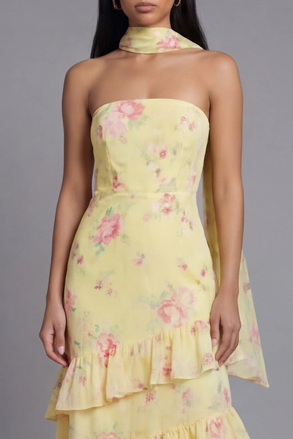 Sunny Strapless Halter Neck Watercolor Pink Floral Print Tiered Ruffle Maxi Dress with Detachable Scarf and Open Back Prom Dress
