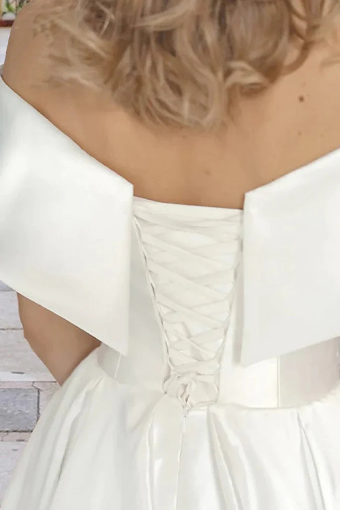 Tea Length Off The Shoulder Beach Satin Wedding Dress with Pockets