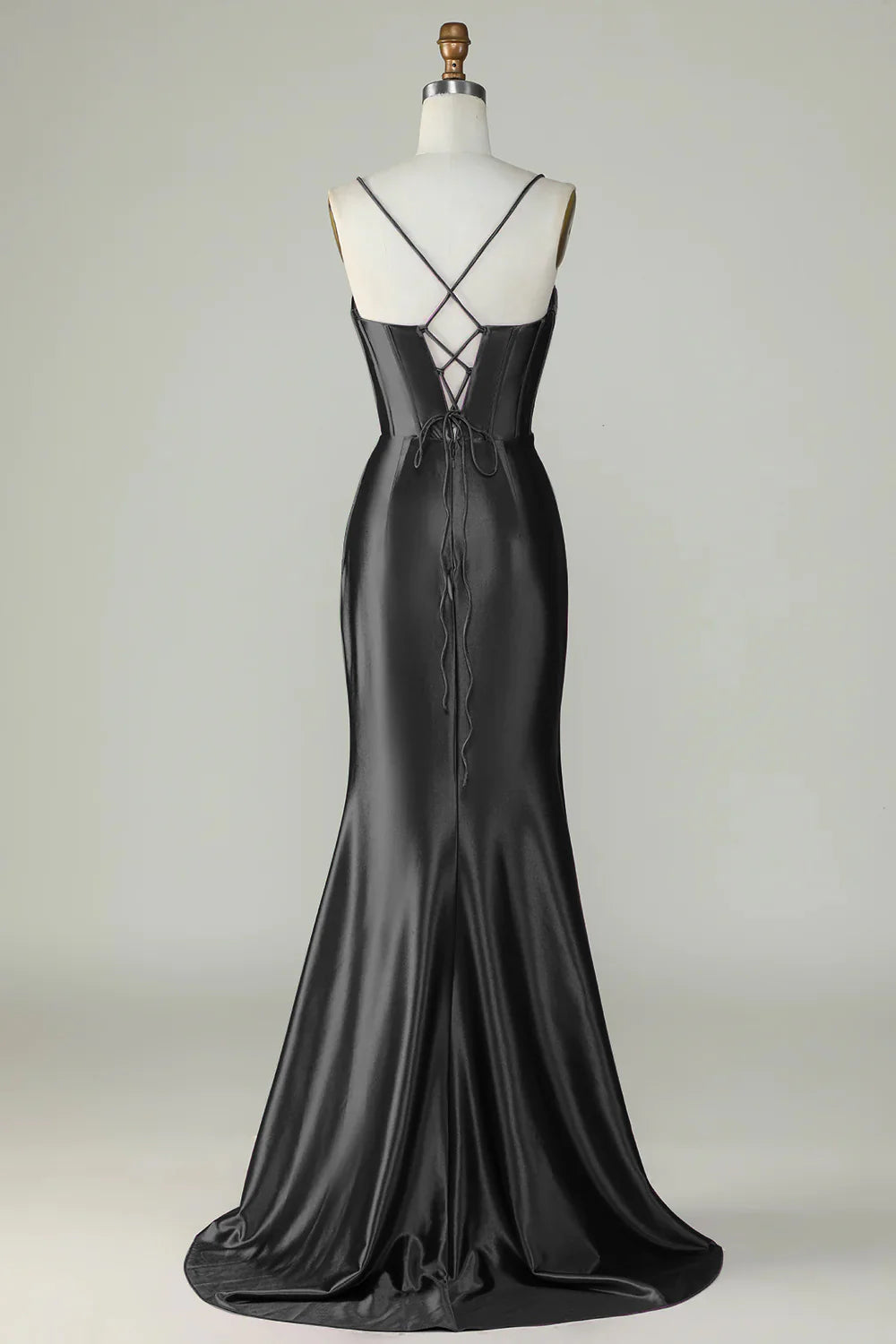 Black Spaghetti Straps Mermaid Satin Sequins Long Prom Dress With Slit