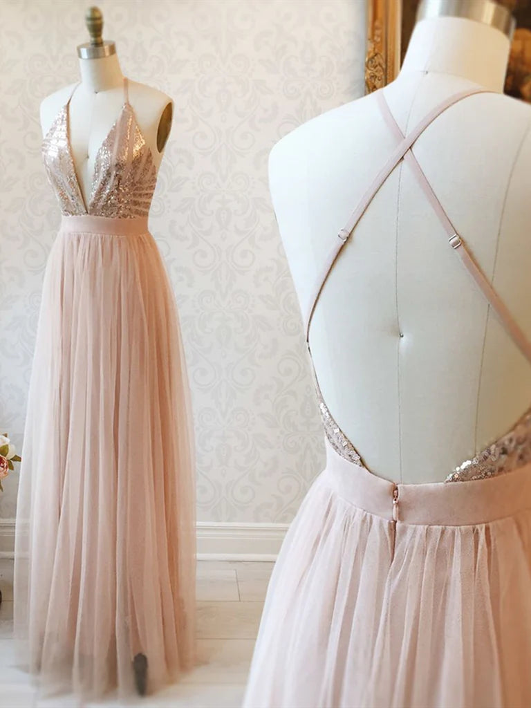 V Neck Tulle Backless Rose Gold Prom Dresses Formal Bridesmaid Dresses