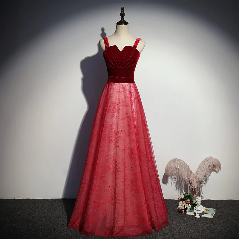 Velvet Bodice Spaghetti-Strap Sweetheart Lace-Up Back Glitter Tulle A-Line Floor-Length Evening Dress
