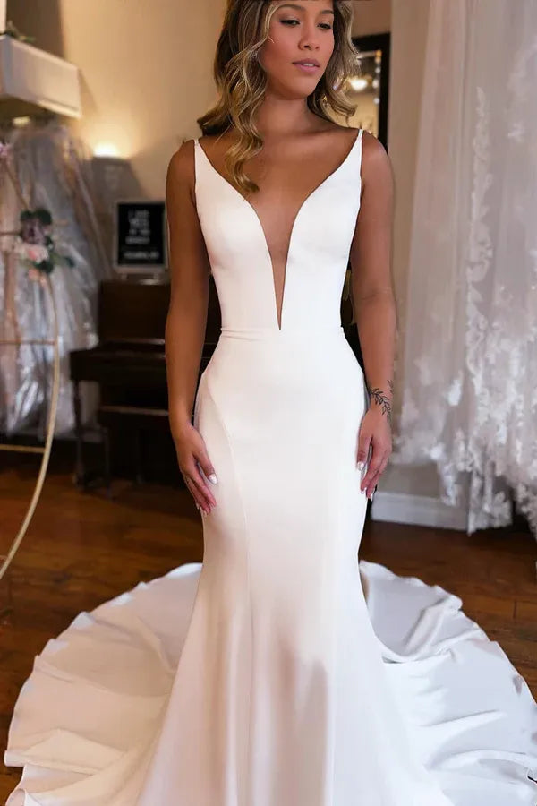 Mermaid Backless Spaghetti Straps V Neck Sweep Train Wedding Dress Boho Bridal Gowns