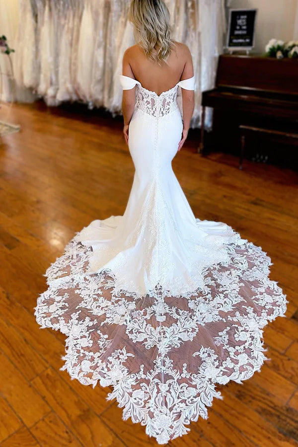 Mermaid Off the Shoulder White Boho Long Wedding Dress with Lace Appliques