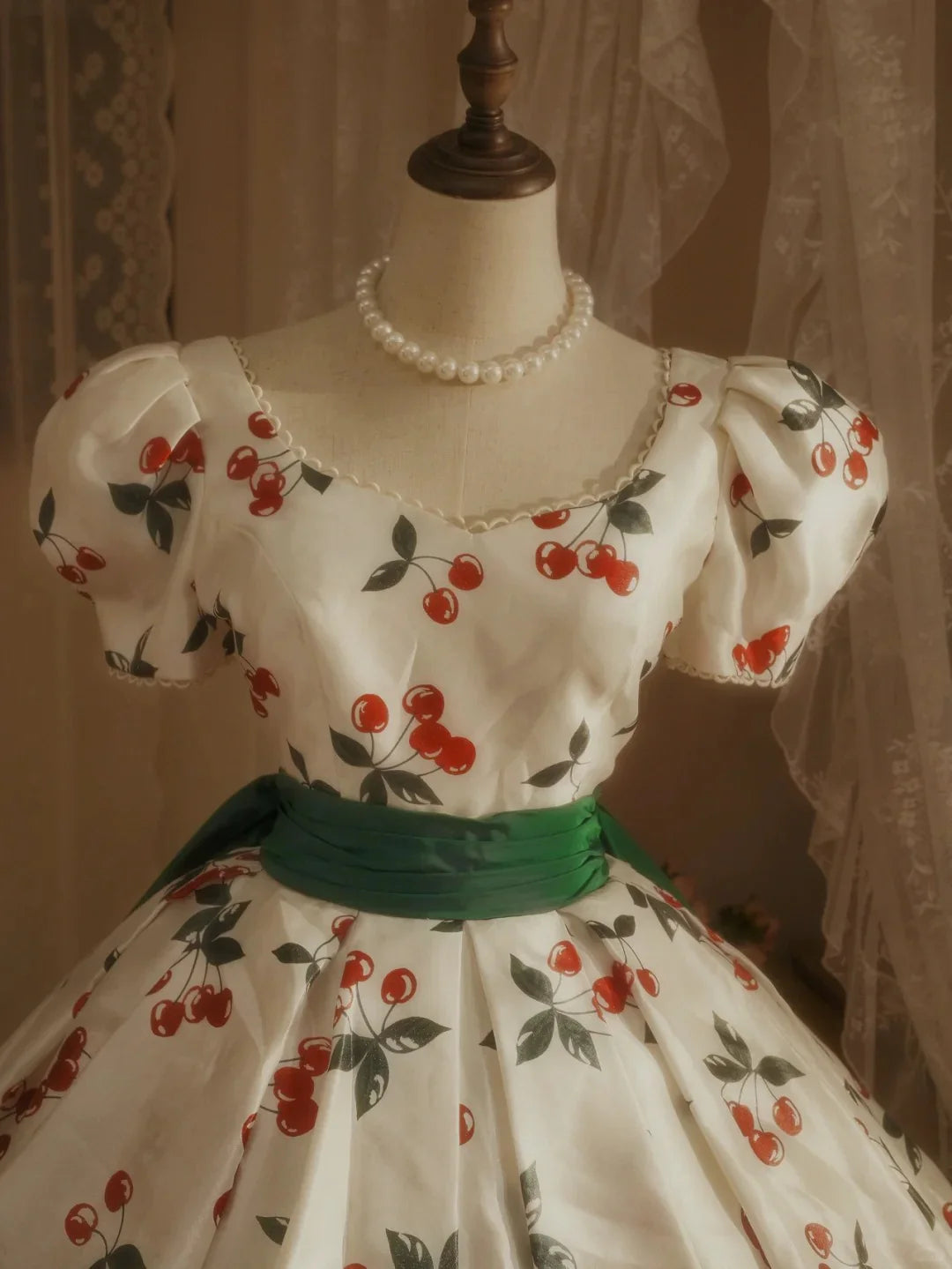 Whimsical Vintage Cherry Print Lace Trim Puff-Sleeve Sweetheart Emerald Green Sash Voluminous Ball Gown Prom Dress