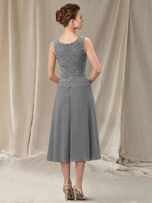 Two Piece A-Line Mother of the Bride Dress Elegant Jewel Neck Tea Length Chiffon Lace Sleeveless with Sequin