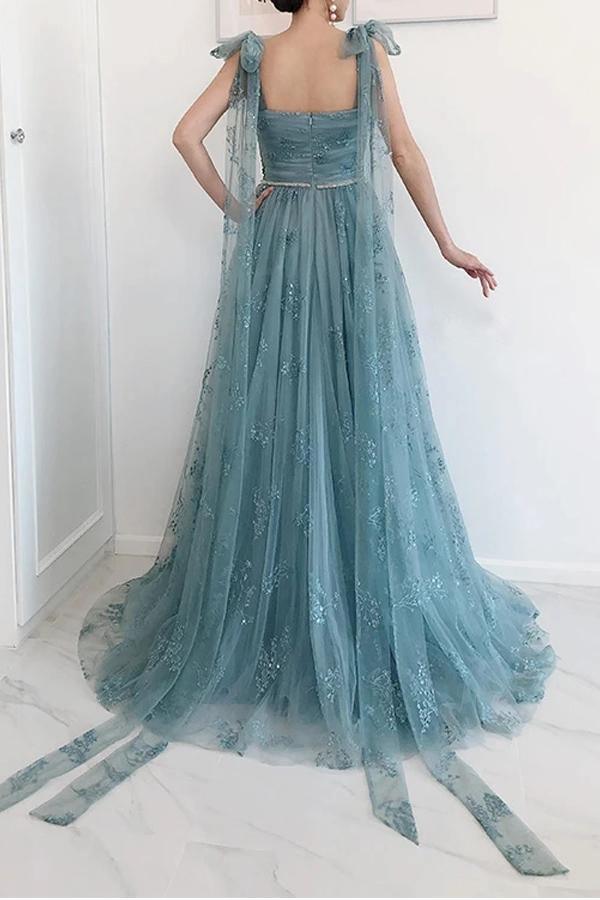 A-line Tie Straps Party Dress Lace High Split Prom Dress With Bow