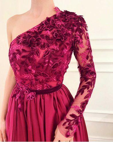 A Line Burgundy One Shoulder Evening Gown Long Sleeve Applique Prom Dresses With Split