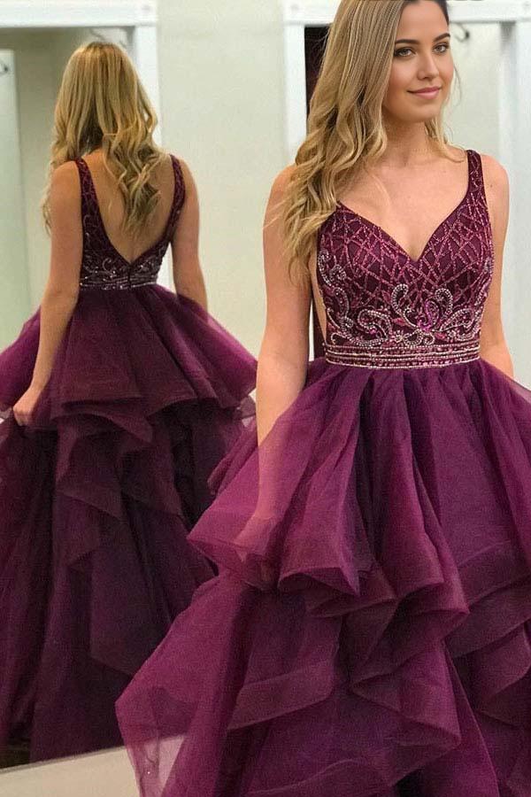 A-Line Deep V-Neck Tiered Burgundy Ruffled Tulle Beaded Prom Dress
