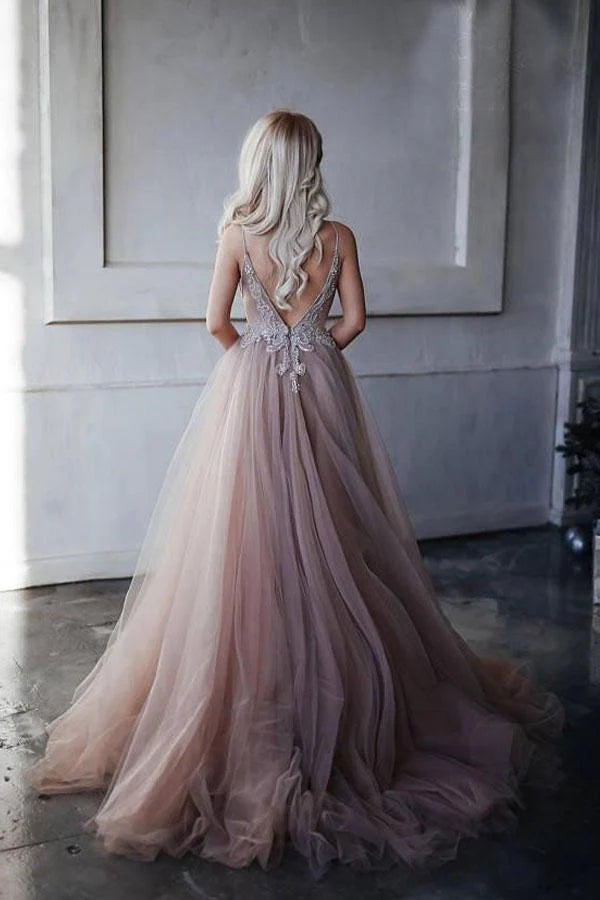 A-Line Princess Spaghetti Straps V Neck Sweep Train Prom Dress with Appliques