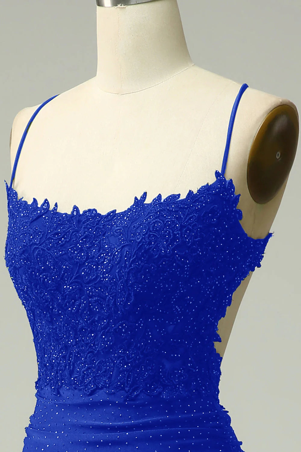 Royal Blue Mermaid Spaghetti Strap Halter Back Cross Backless Long Prom Dress with Appliques Beading
