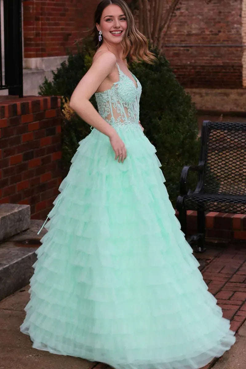 Cute A Line V Neck Spaghetti Strap Mint Tulle Lace-Up Back Tiered Prom Dress
