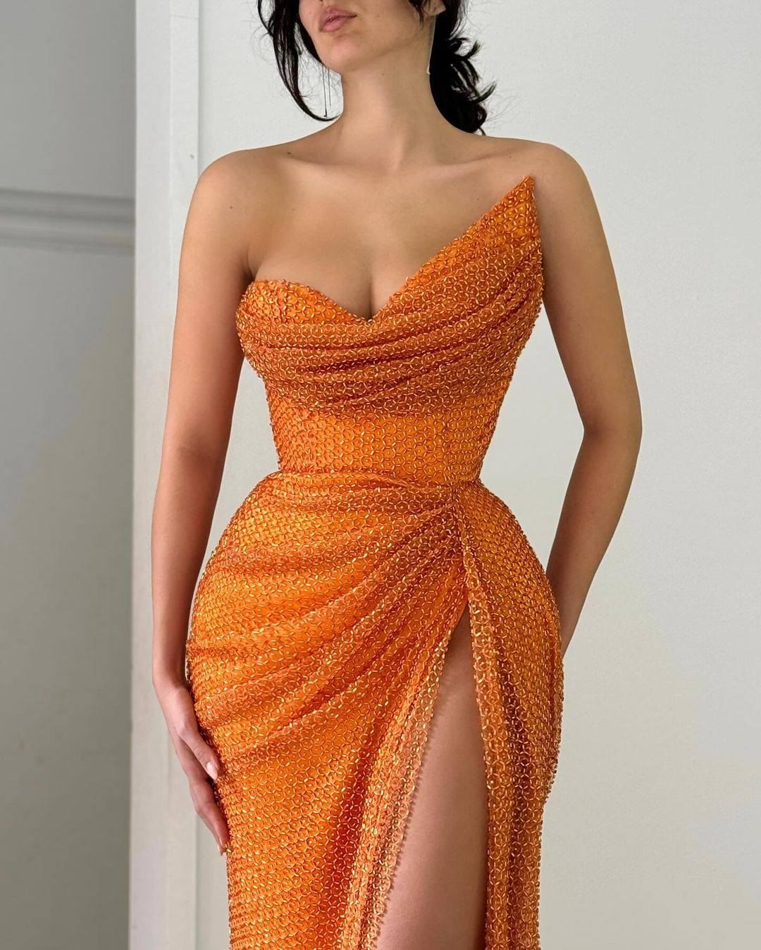 Sweep/Brush Train Dress Sheath Mermaid Strapless Split Prom Dress With Pleats