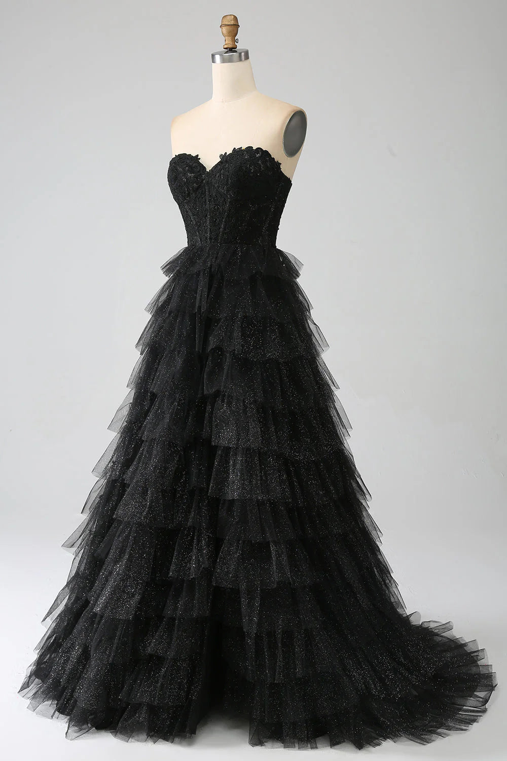 Glitter Sweetheart A-Line Off-the-Shoulder Black Corset Floor-Length Prom Dress with Slit