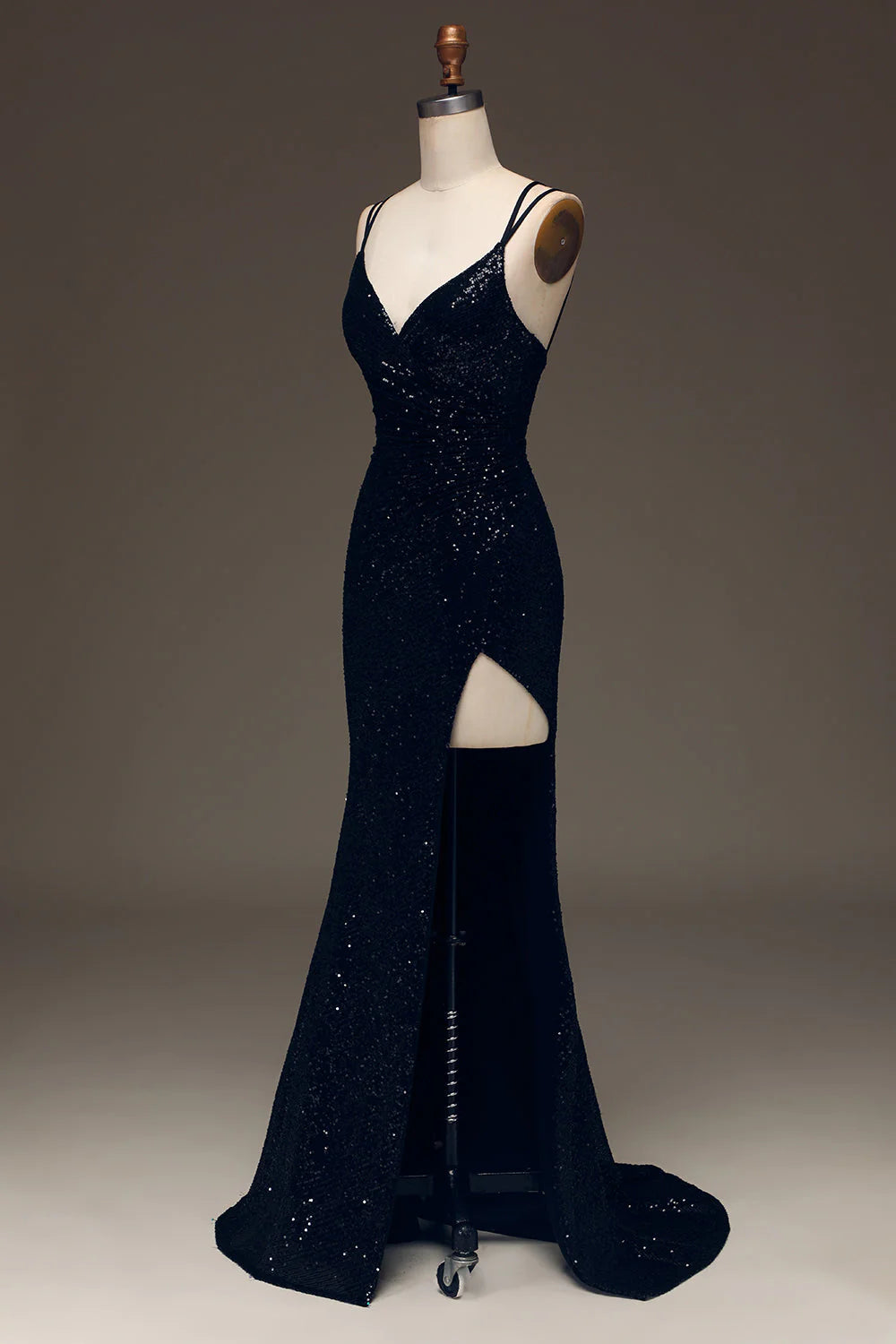 Black V-Neck Sparkly Sequin Spaghetti Strap Mermaid Long Prom Dress With Slit