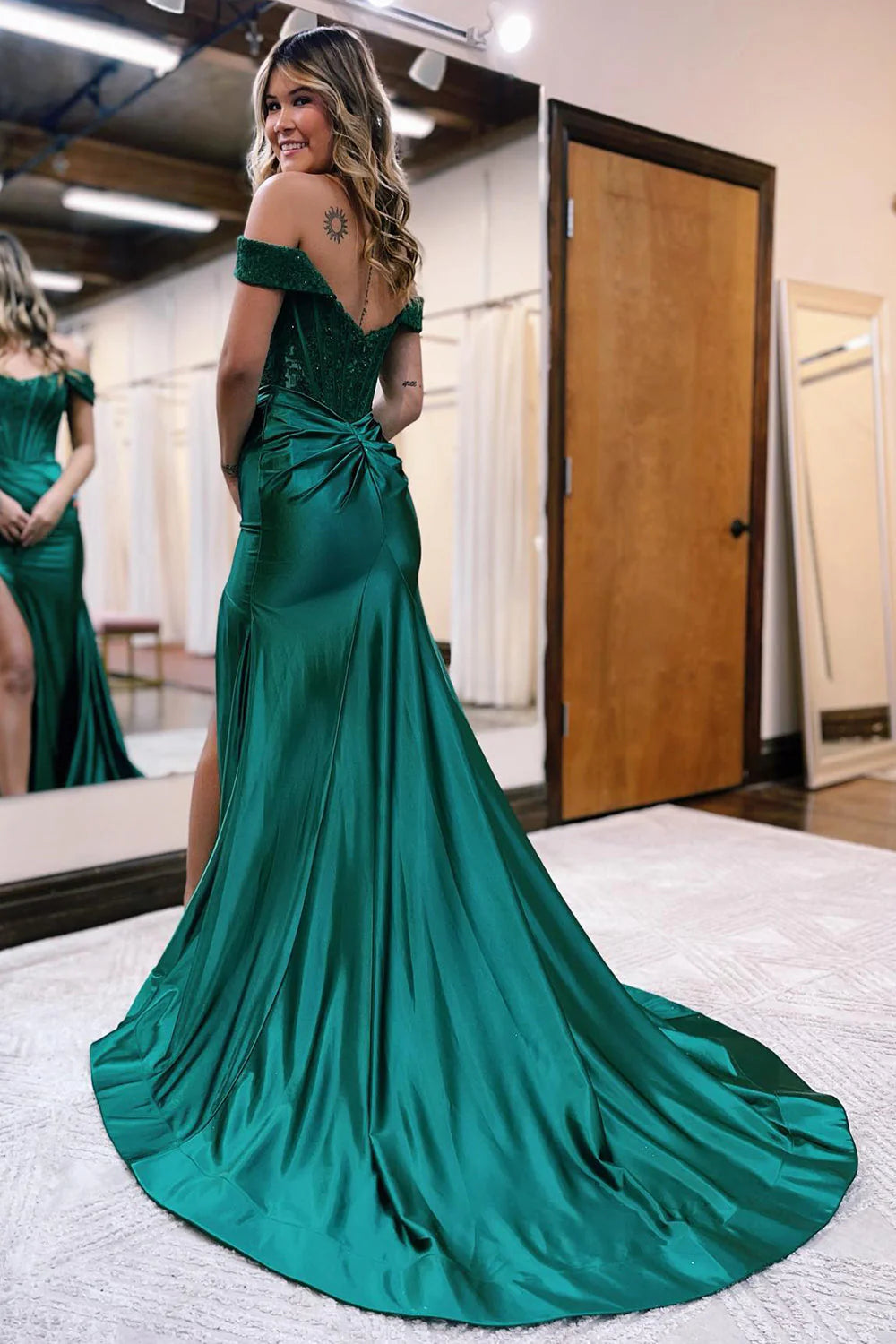 Peacock Mermaid Off The Shoulder Court Train Lace-Up Back Long Dress With Split