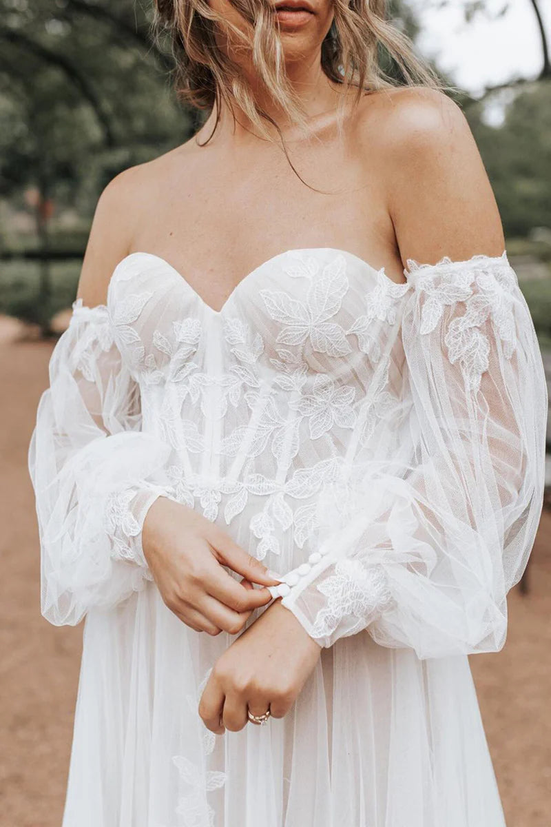 Fairy A Line Off the Shoulder Tulle Split Fork Wedding Dresses with Long Sleeves