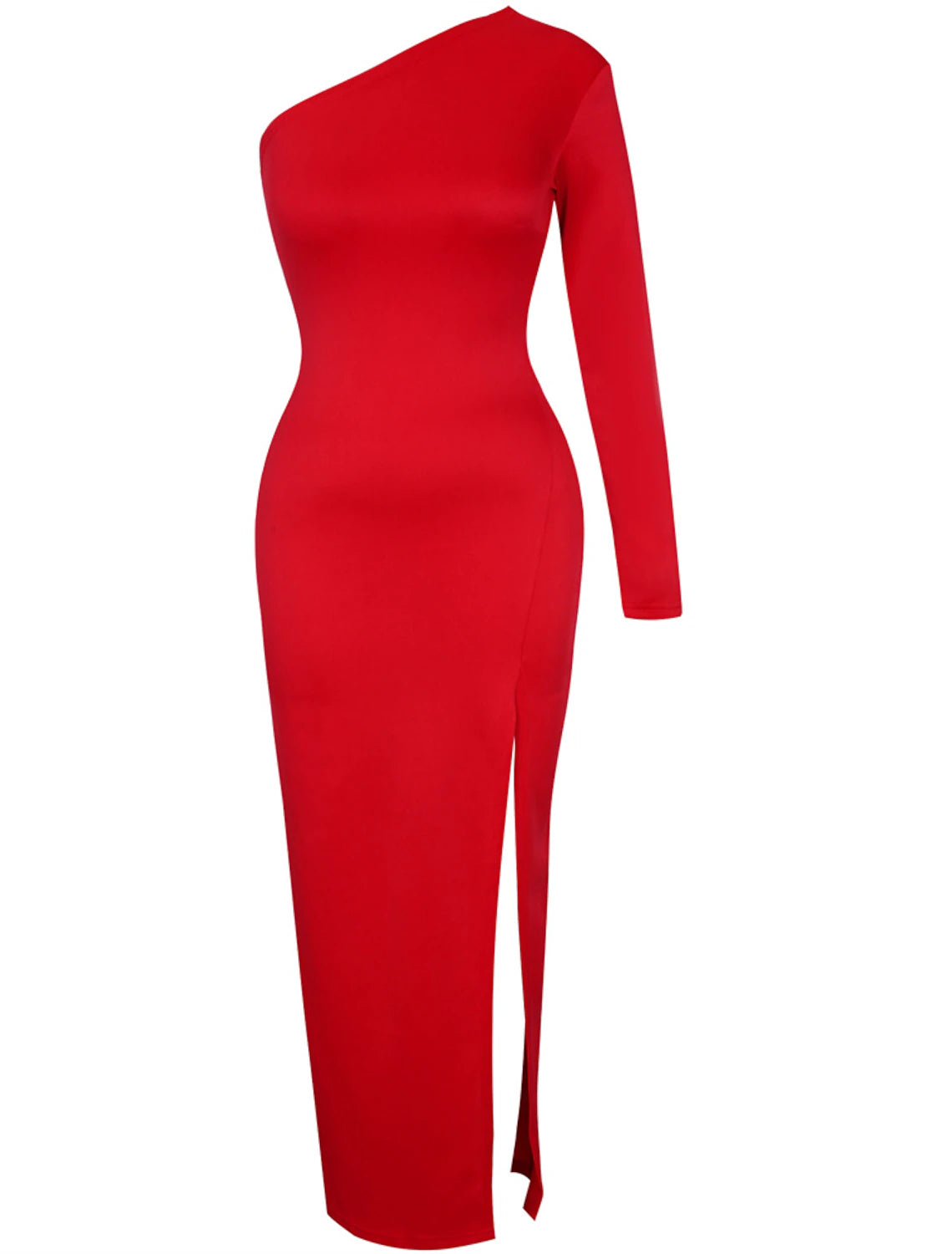 Sheath Mermaid Long Sleeve One Shoulder Evening Gown Floor Length Stretch Fabric Prom Dress with Slit