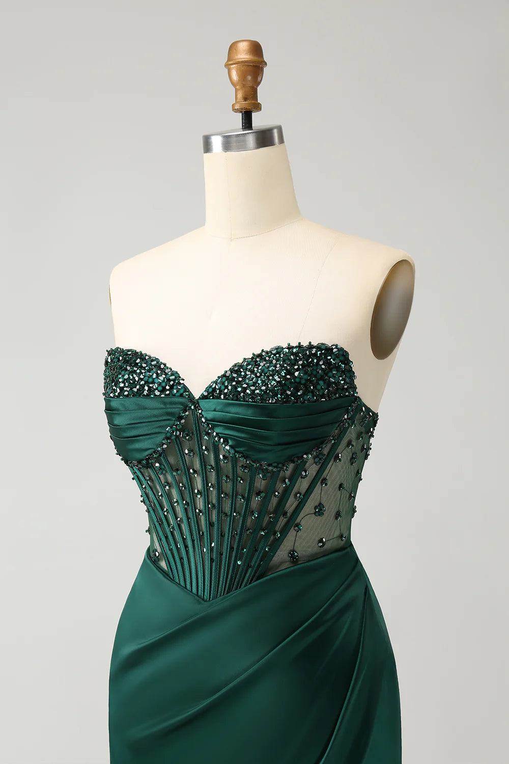 Dark Green Mermaid Beaded Corset Strapless Off-the-Shoulder Long Prom Dress with Slit