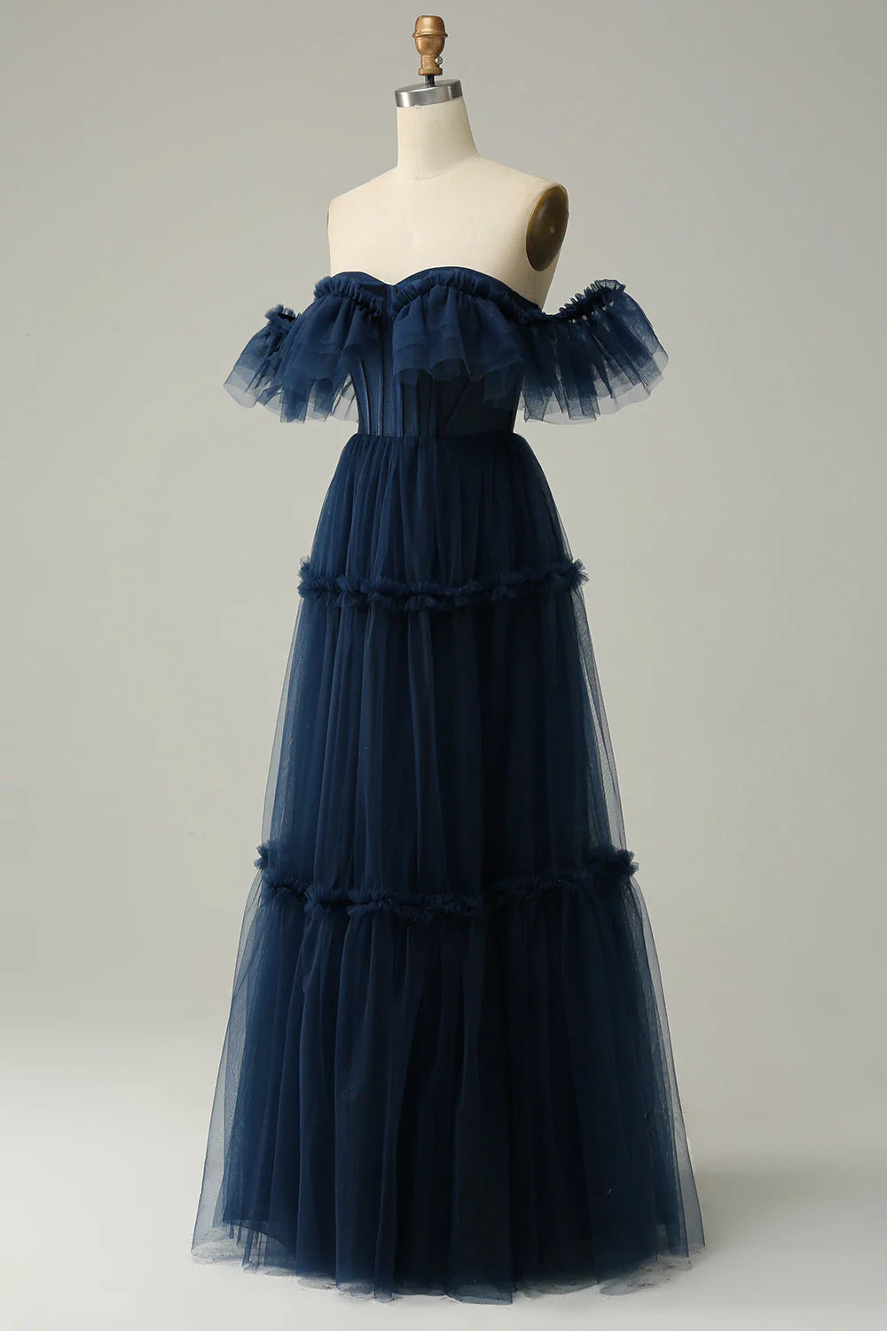 A-Line Off the Shoulder Sweetheart Tulle Navy Lace-Up Back Long Prom Dress