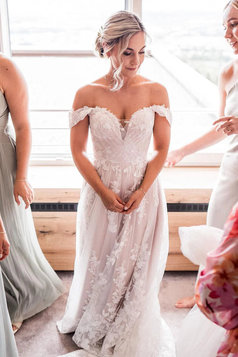 Fairy A Line Off the Shoulder Tulle Mopping The Floor Long Wedding Dresses with Appliques