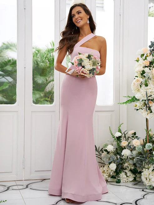 Sheath/Column Stretch Crepe Ruffles One-Shoulder Sleeveless Floor-Length Bridesmaid Dresses Party Dresses Wedding Guest Dresses