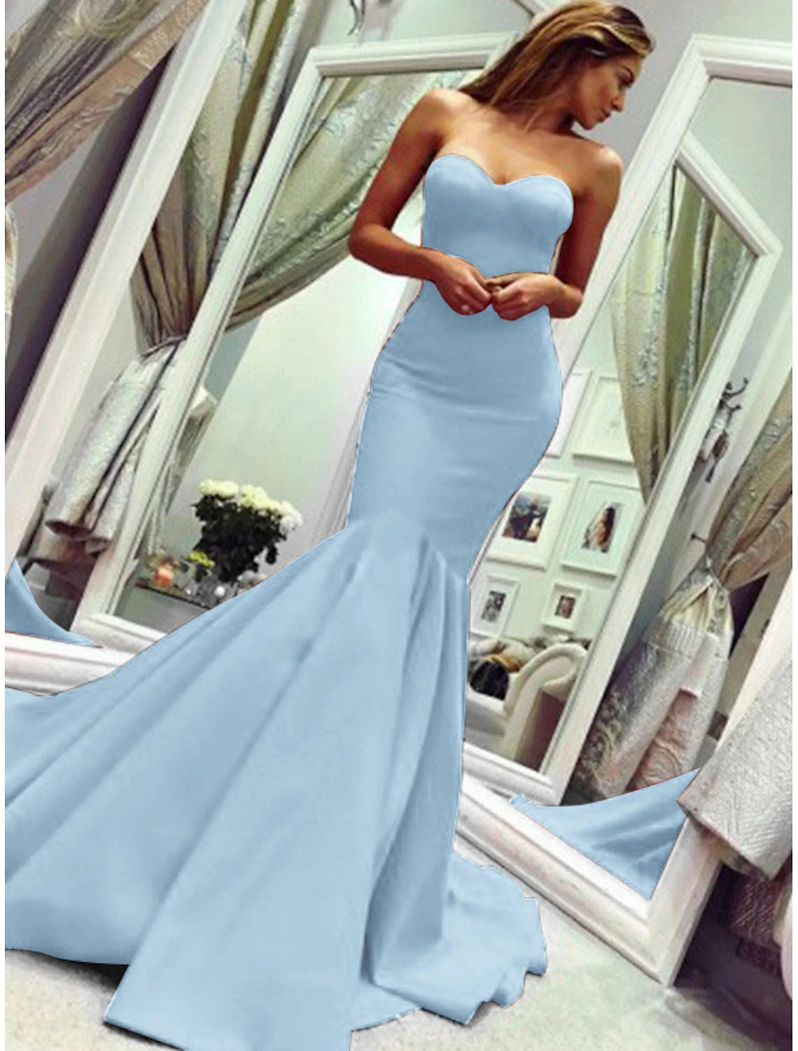 Sheath Mermaid Sleeveless Party Dress Sexy Dress Strapless Court Train Stretch Fabric with Pleats