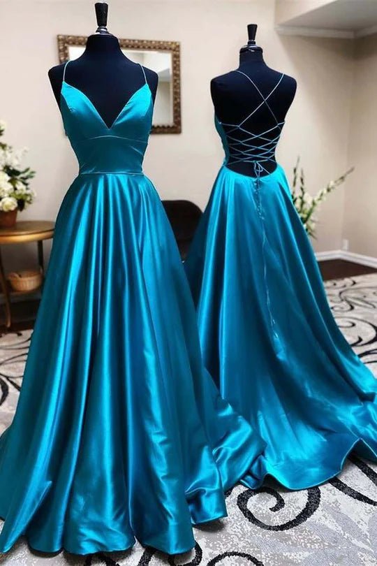 A-Line Pleated V-Neck Lace-Up Long Formal Dress