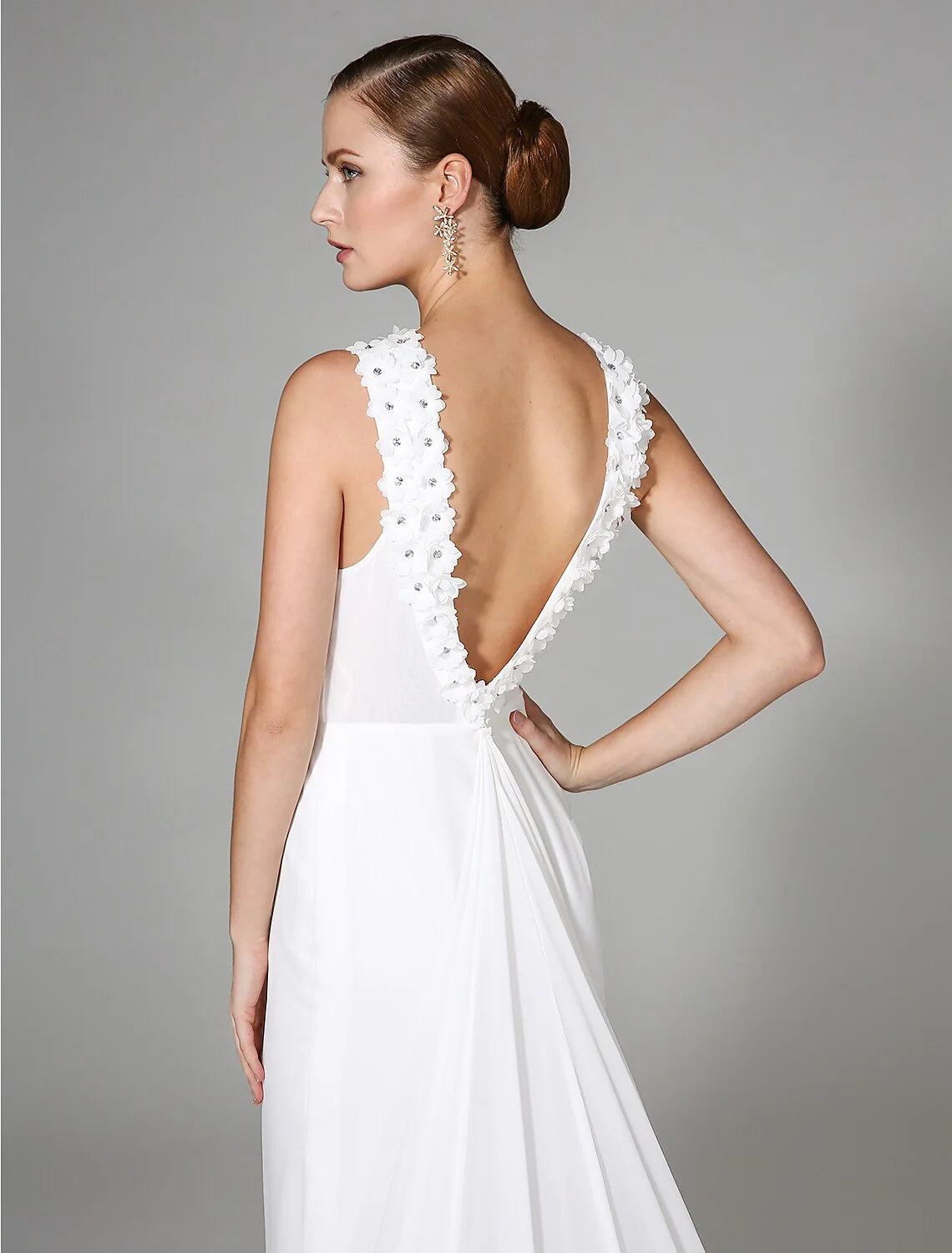 Sheath / Column High Neck Sleeveless Chapel Train Chiffon Bridal Gowns With Beading Draping