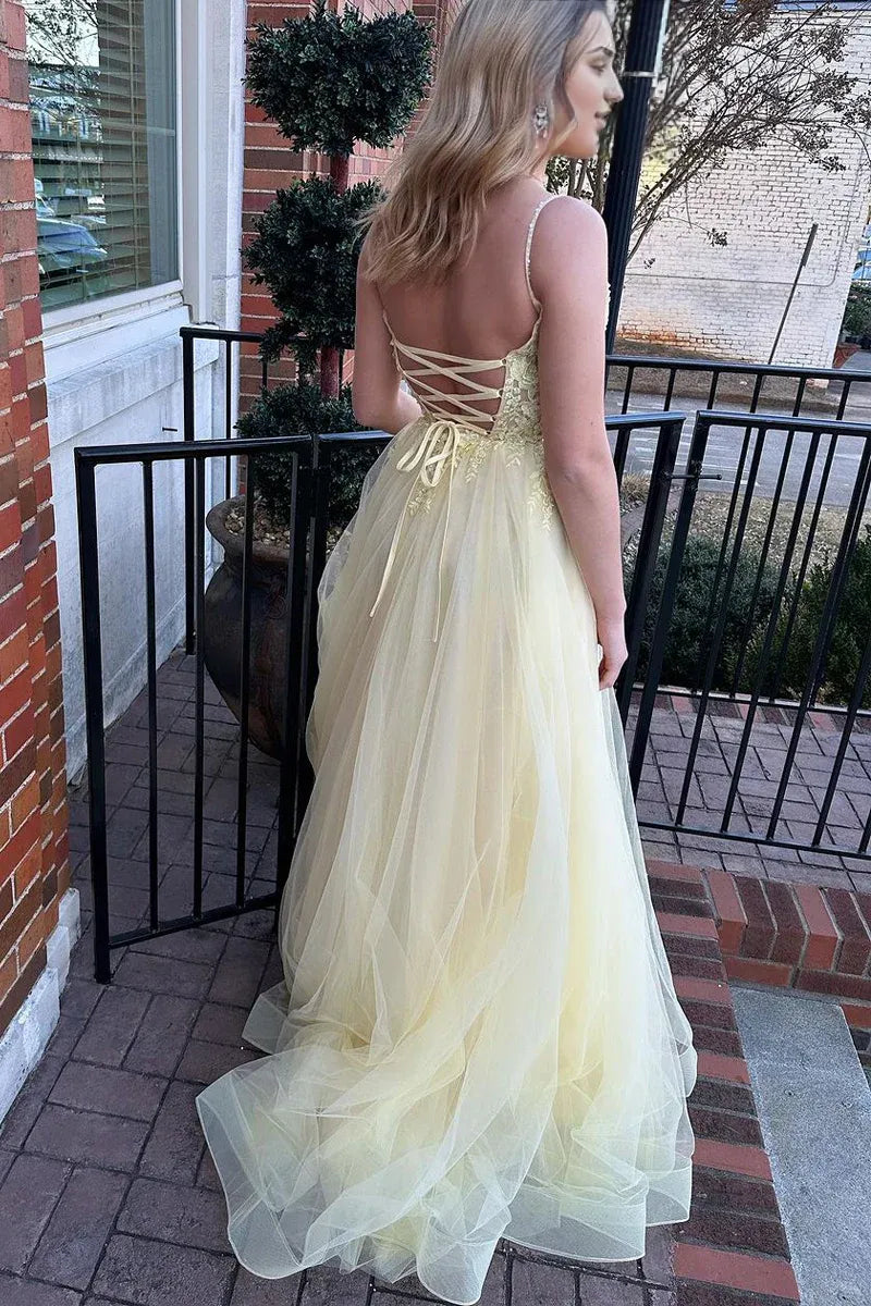 Cute A Line V Neck Spaghetti Strap Daffodil Tulle Lace-Up Back Prom Dress with Appliques