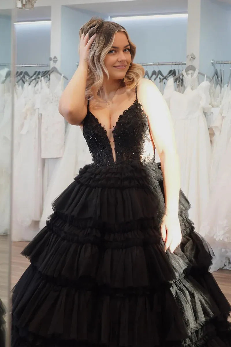 Princess V Neck Spaghetti Strap Black Tiered Tulle Long Prom Dresses