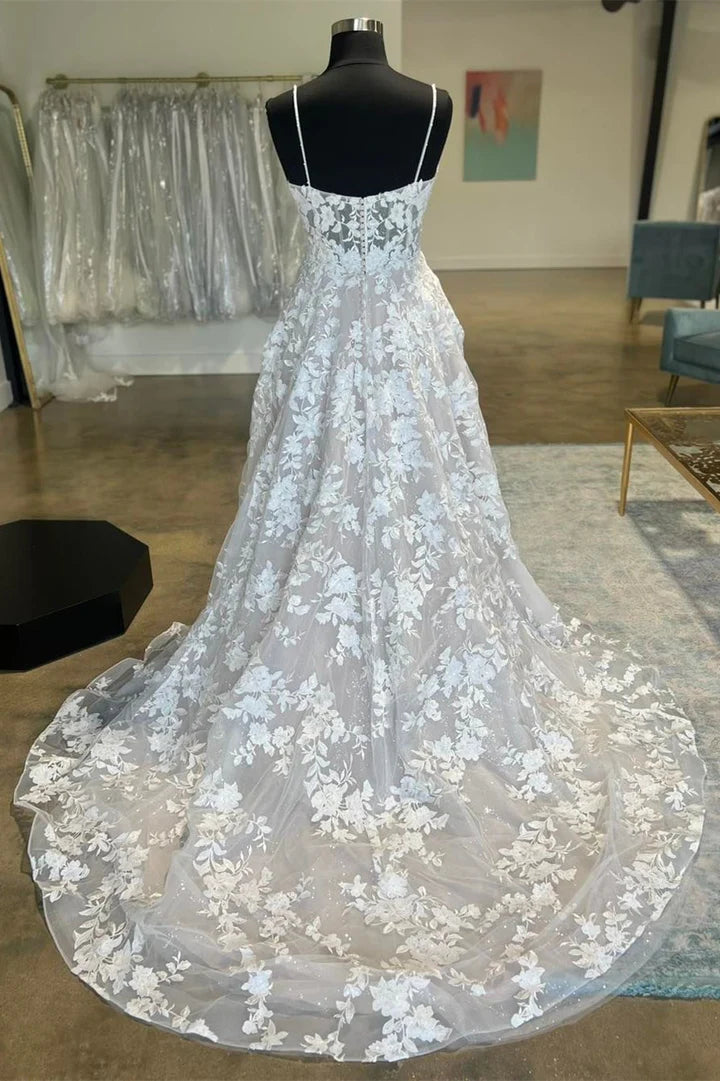 White A-Line V-Neck Appliques Sweetheart Spaghetti Strap Backless Long Wedding Dress