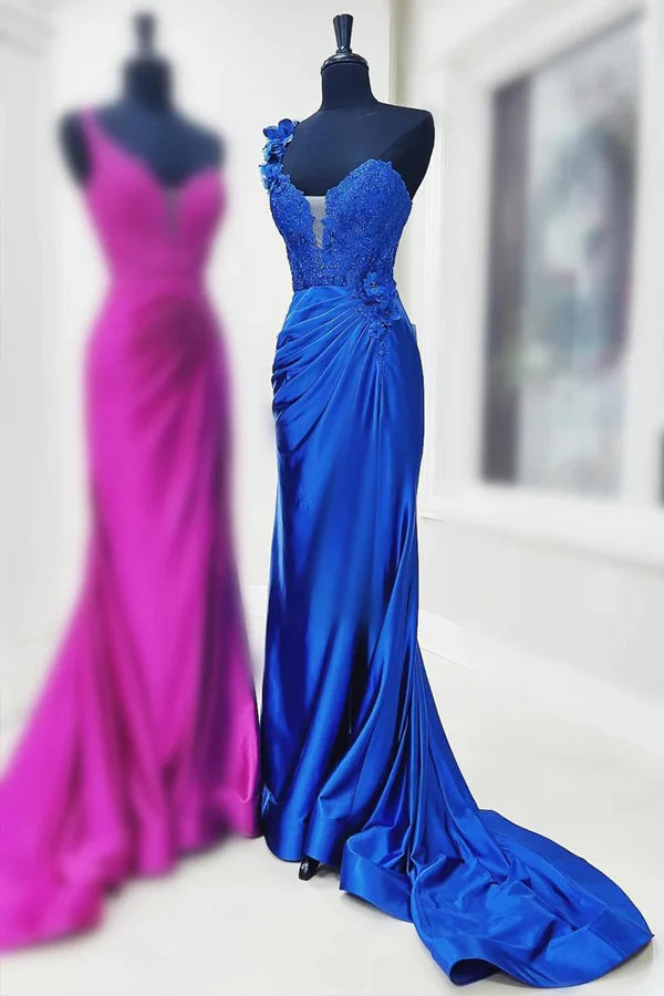 One-Shoulder Floral Lace Pleated Prom Gown with Slit