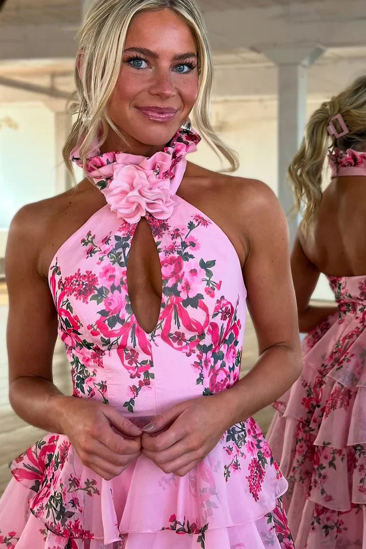 My Hers Ladies Formal Dress Cute Sheath Halter Floral Printed Chiffon Tiered With Slit Elegant Prom Dress