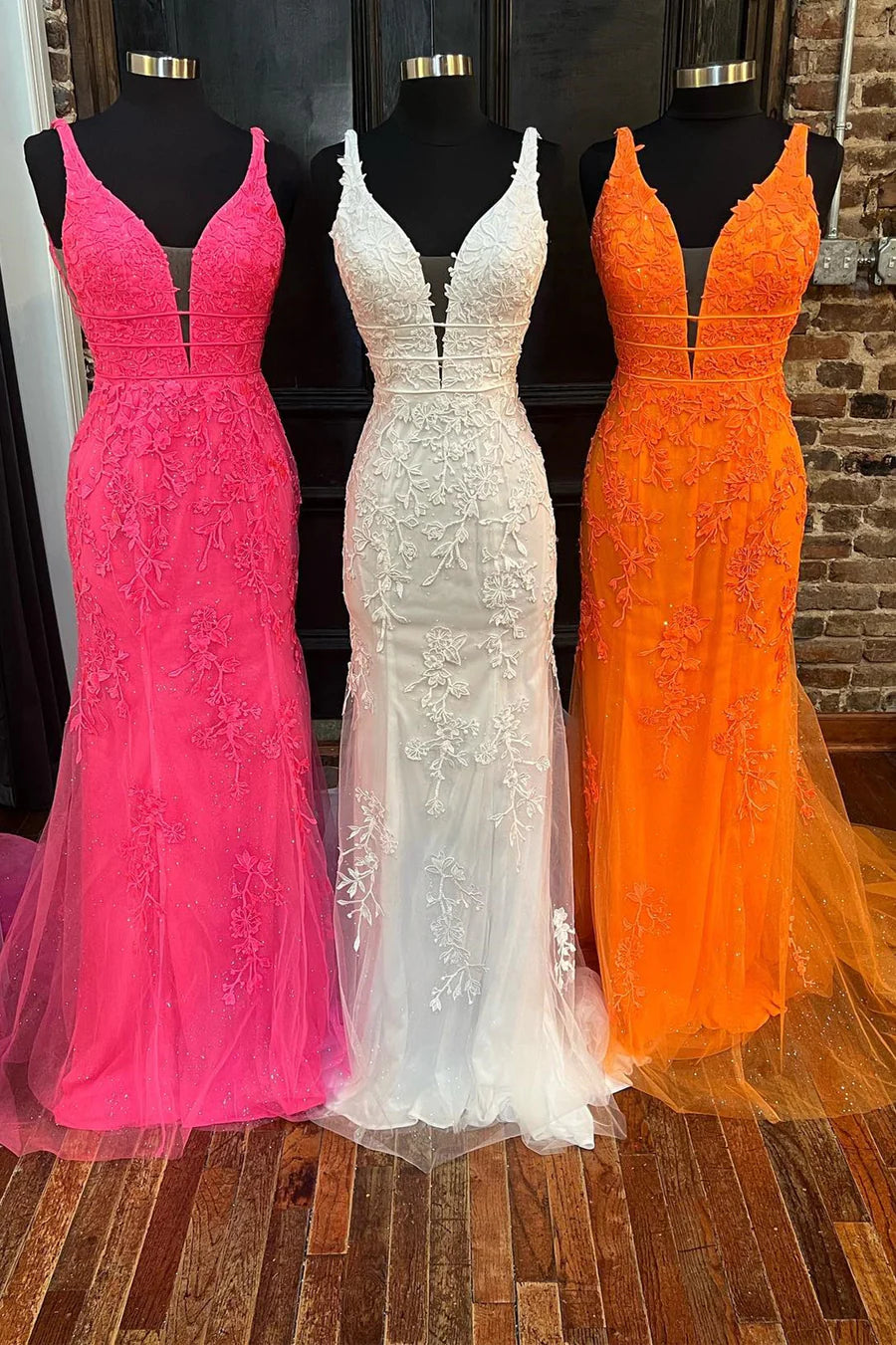 Plunge Embroidered Mermaid Long Prom Dress