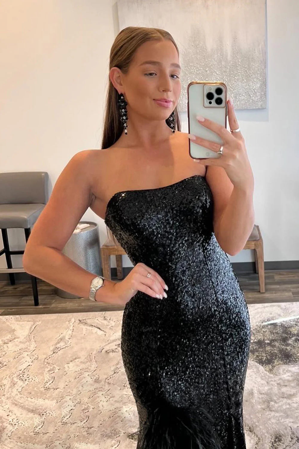 Mermaid Strapless Off-the-Shoulder Black Sequins Long Prom Dress with Feather