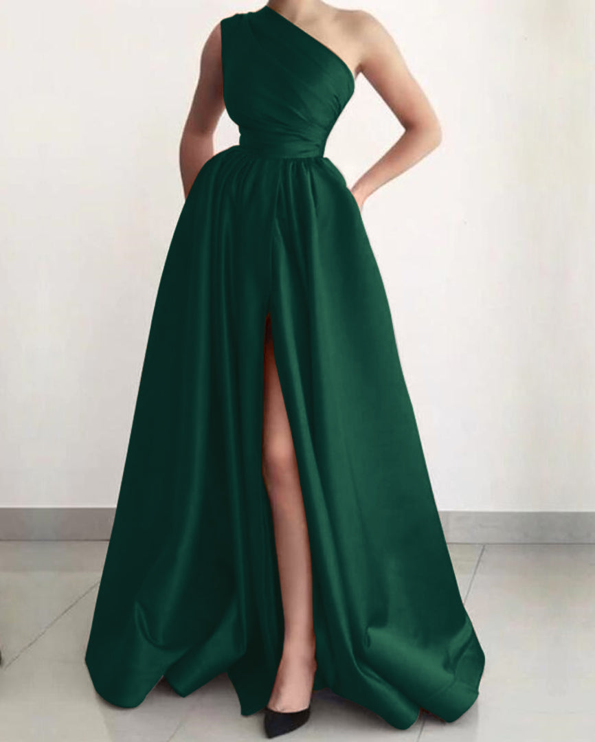 A Line One shoulder Sleeveless Silk Like Satin Prom Dress With Split