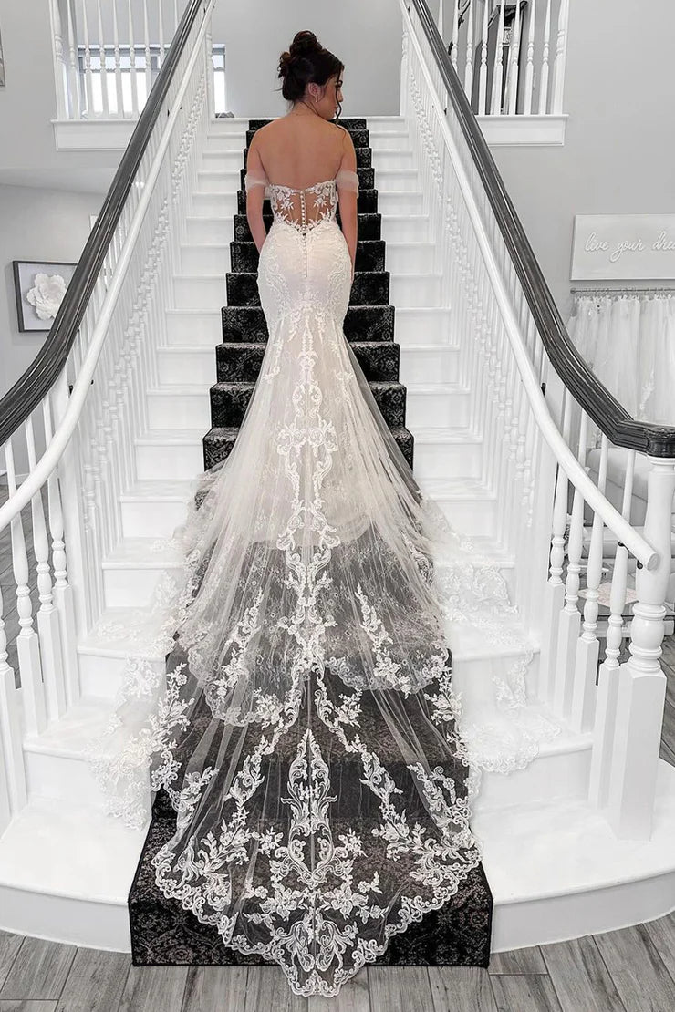 Charming Mermadi V-Neck Off the Shoulder Ivory Tulle Wedding Dresses with Appliques