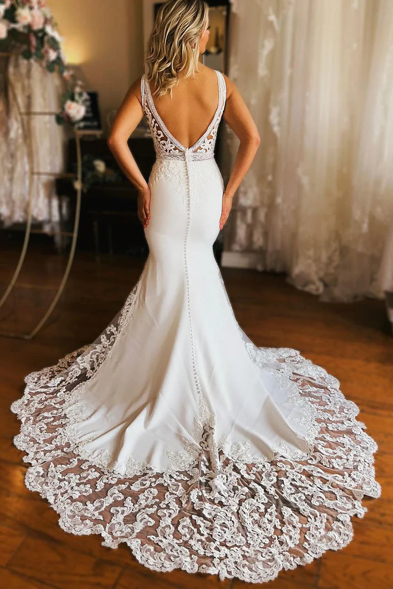 Charming Mermaid Long Sleeve/Sleeveless V Neck Satin Long Wedding Dresses with Appliques