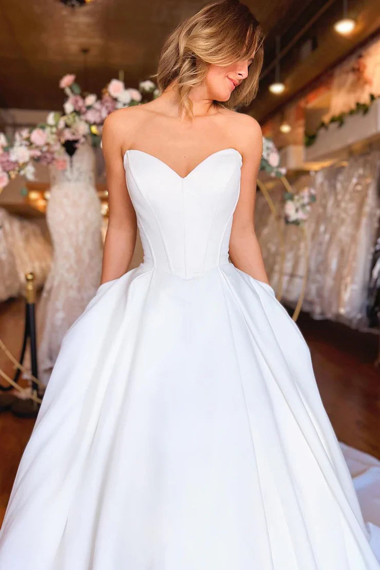 Simple Strapless Off-the-Shoulder White Satin Mopping The Floor Wedding Dresses with Pockets