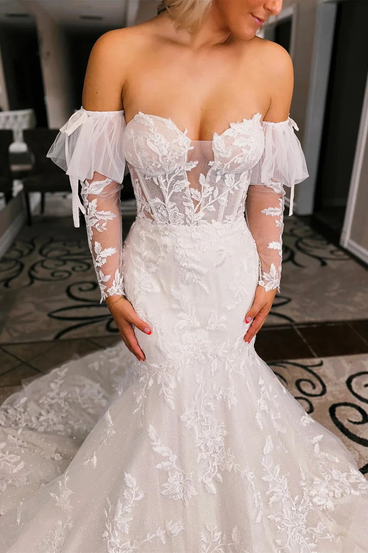 White Floral Lace Sweetheart Off-the-Shoulder Trumpet Wedding Dress with Detachable Sleeves 