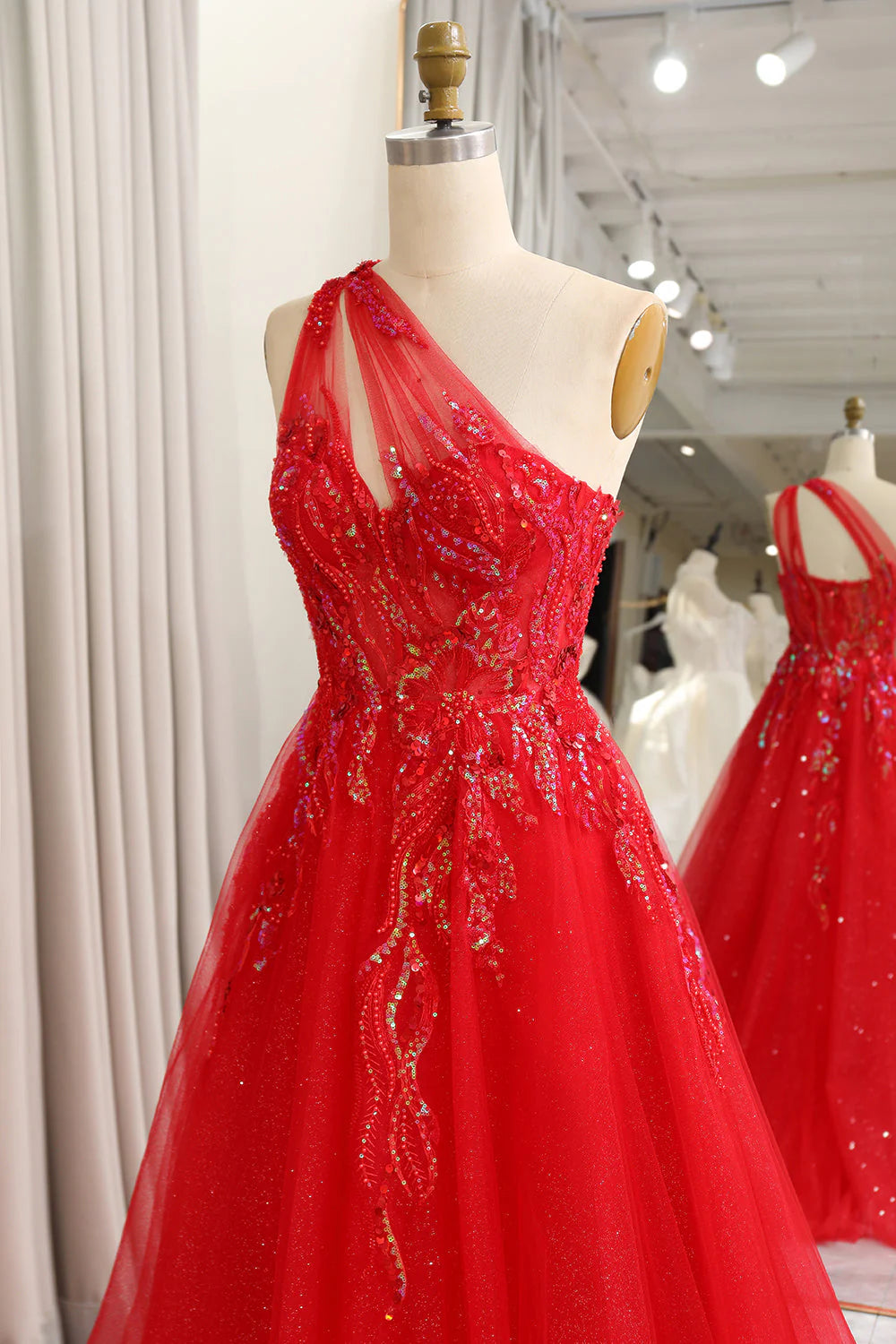 Sparkly Red A-Line One Shoulder Tulle Long Prom Dress With Sequins