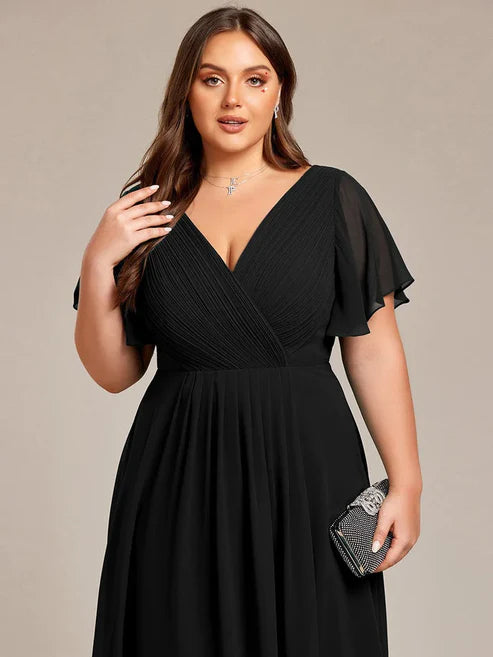 Plus Size Double V-Neck Ruffles Sleeve Chiffon Midi Wedding Guest Dressa/Evening Dresses Party Dresses