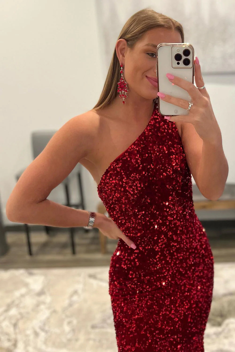 Burgundy One Shoulder Mermaid Sequins Backless Long Prom Dress