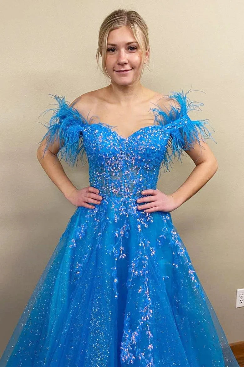 Tulle Feather Off-the-Shoulder Lace-Up A-Line Long Prom Dress