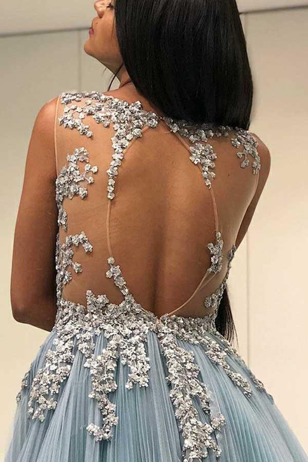 A Line Scoop Neck Open Back Long Formal Prom Dress with Appliques