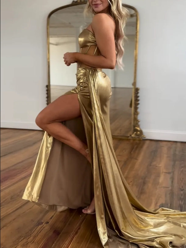 My Hers Ladies Formal Dress Strapless Metallic Ruched Mermaid Long Corset With Slit Charming Prom Dress