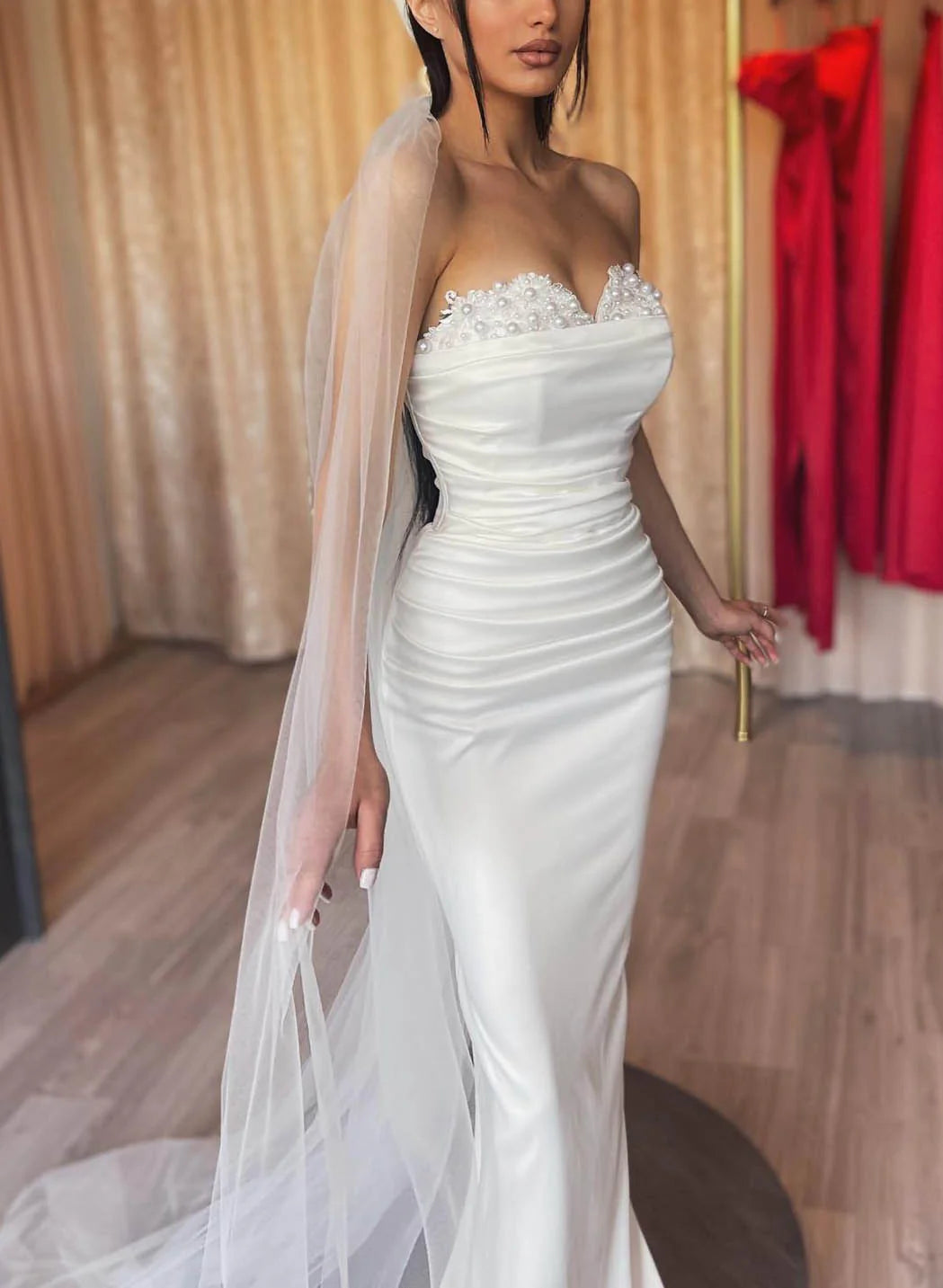 Sheath/Column Off-the-Shoulder Floor-length Lace Wedding Dress With Attached Train